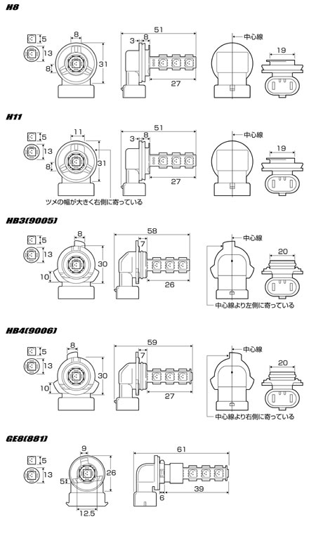 各SMDフォグバルブ 寸法